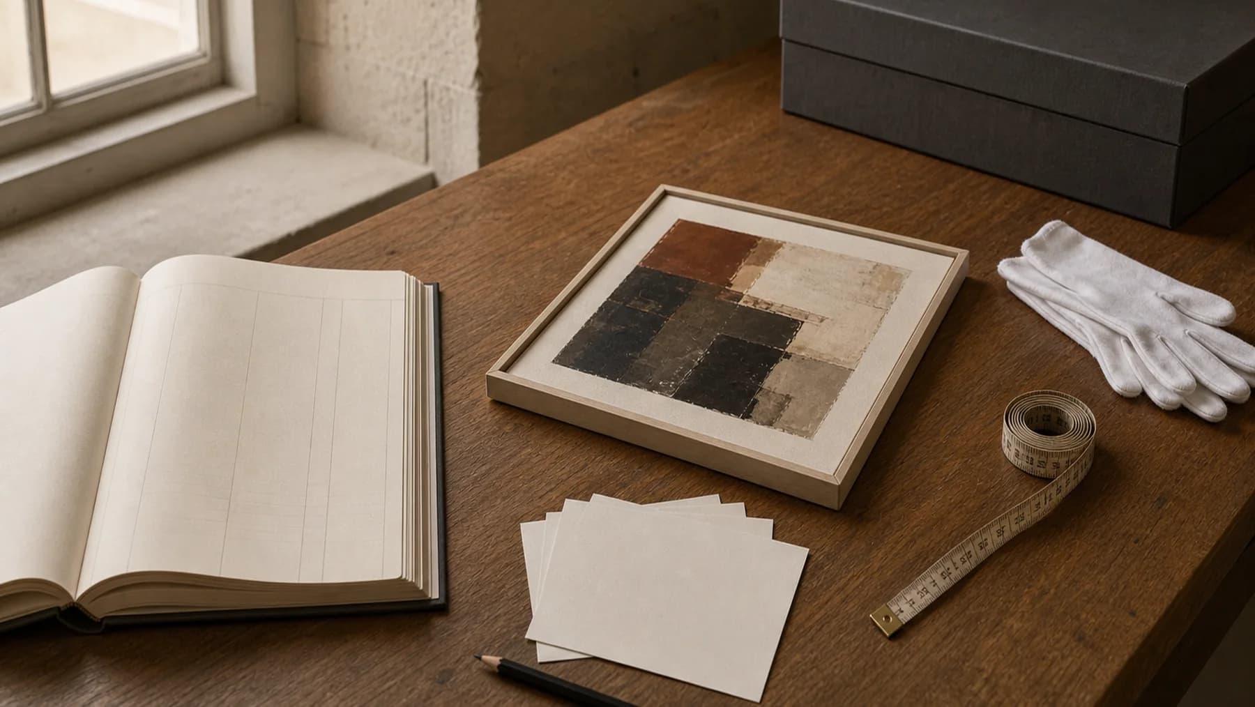 A framed abstract painting beside an open inventory ledger, record cards, a tape measure, a pencil, and cotton gloves on a studio worktable