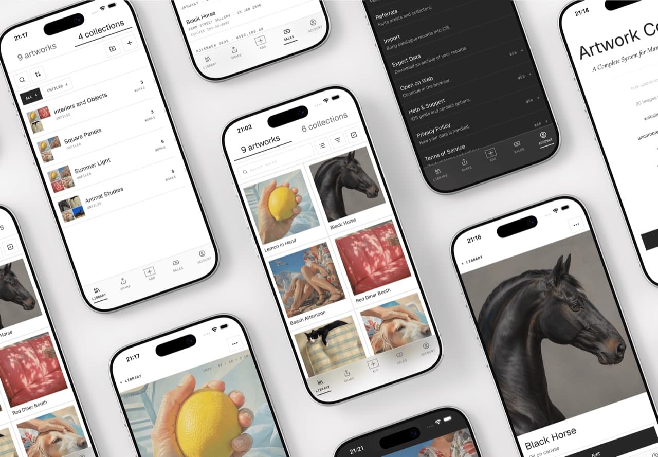 Artwork Codex iPhone app screens for collections, artwork records, account settings, and library views